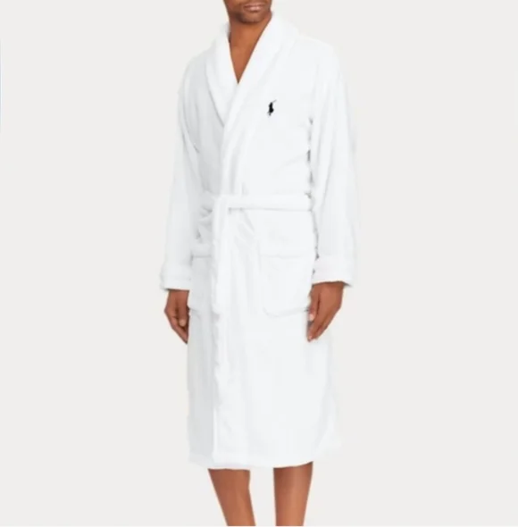 Mens Polo Ralph Lauren Bath Robe Size L/XL White Terry Cloth Pony Horse - Picture 2 of 14